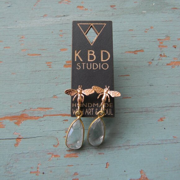 NEW KBD STUDIO ARTISAN HANDMADE HONEYBEE INSECT FACETED CRYSTAL DROP EARRINGS - Picture 1 of 4